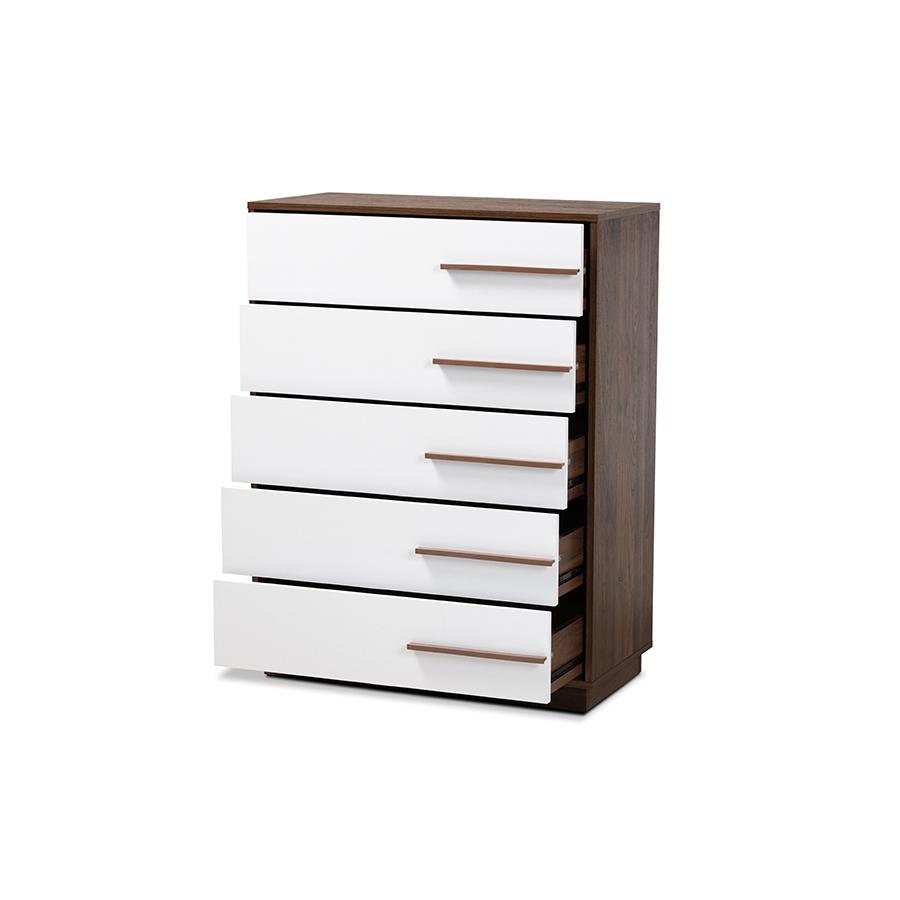 Mette Mid-Century Modern Two-Tone White and Walnut Finished 5-Drawer Wood Chest. Picture 2