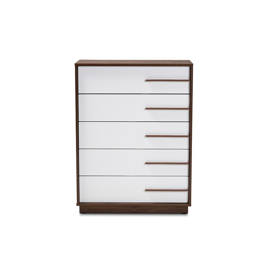 Mette Mid-Century Modern Two-Tone White and Walnut Finished 5-Drawer Wood Chest. Picture 3