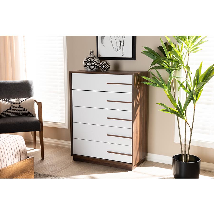 Mette Mid-Century Modern Two-Tone White and Walnut Finished 5-Drawer Wood Chest. Picture 6