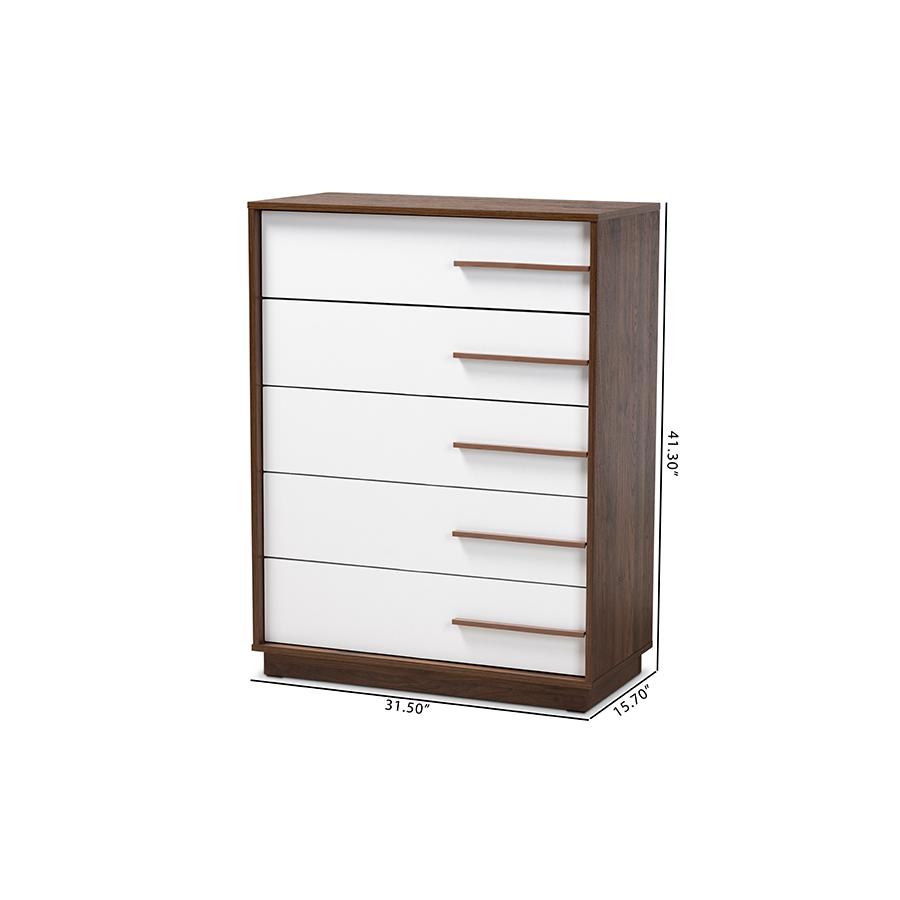 Mette Mid-Century Modern Two-Tone White and Walnut Finished 5-Drawer Wood Chest. Picture 8