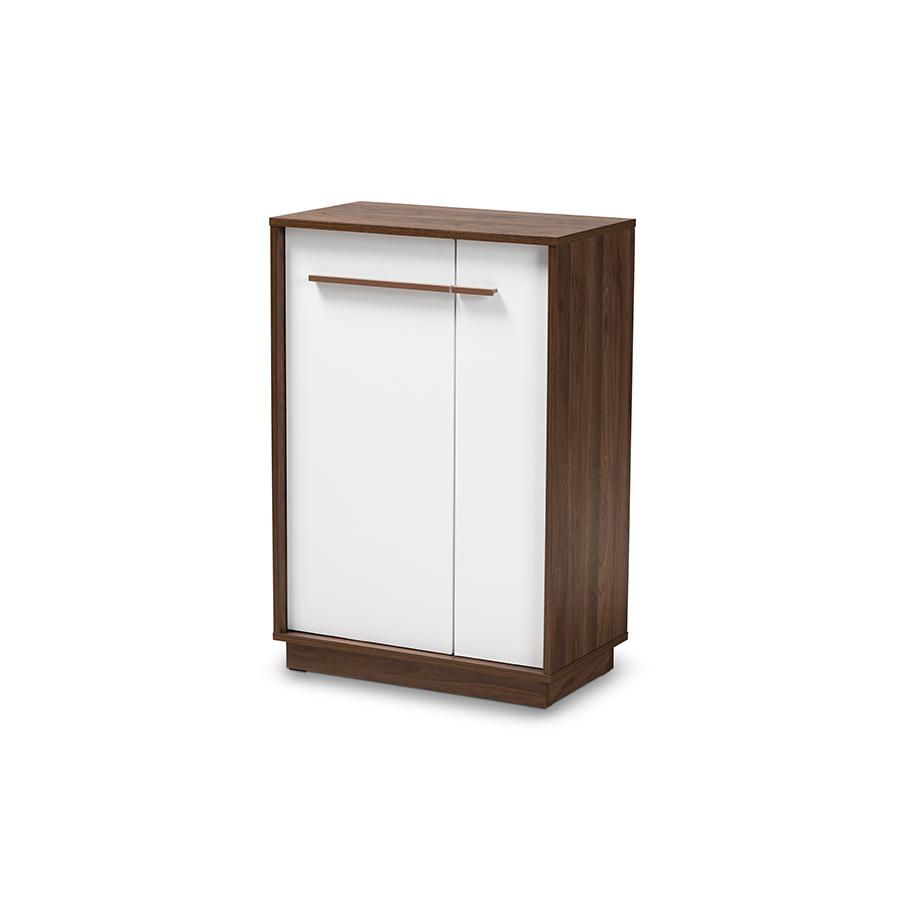 Two-Tone White and Walnut Finished 5-Shelf Wood Entryway Shoe Cabinet. Picture 1