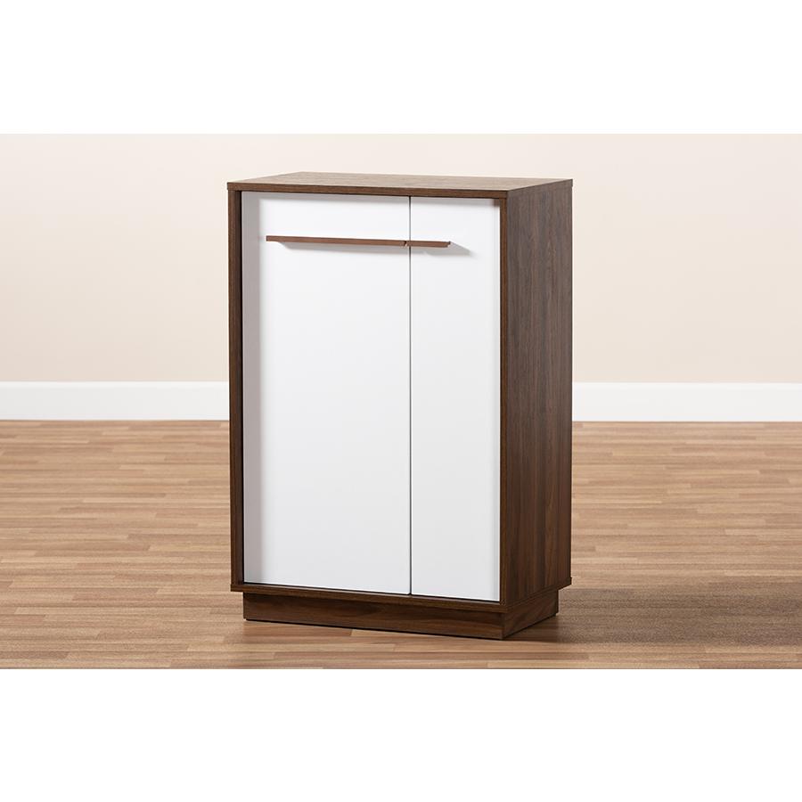 Baxton Studio Mette Mid-Century Modern Two-Tone White and Walnut Finished 5-Shelf Wood Entryway Shoe Cabinet. Picture 1