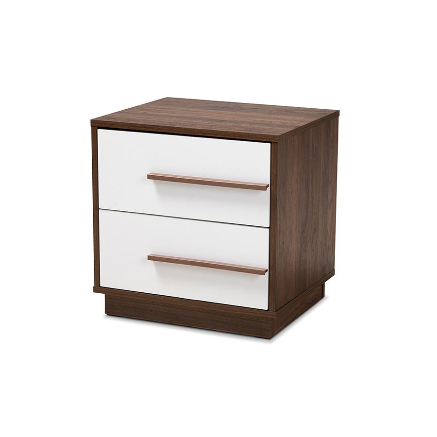 Baxton Studio Mette Mid-Century Modern Two-Tone White and Walnut Finished 2-Drawer Wood Nightstand. Picture 2