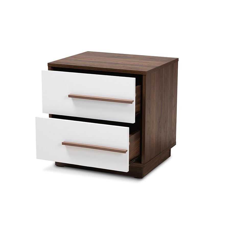 Baxton Studio Mette Mid-Century Modern Two-Tone White and Walnut Finished 2-Drawer Wood Nightstand. Picture 3