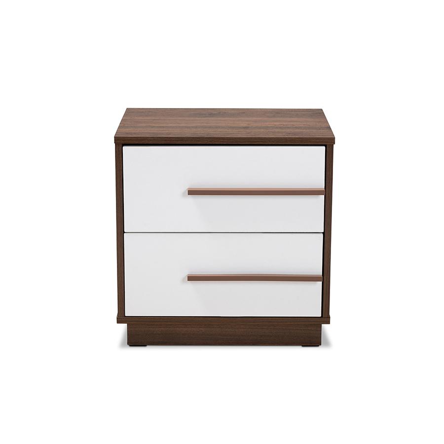 Baxton Studio Mette Mid-Century Modern Two-Tone White and Walnut Finished 2-Drawer Wood Nightstand. Picture 4