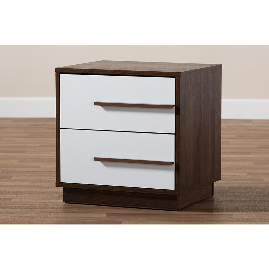 Baxton Studio Mette Mid-Century Modern Two-Tone White and Walnut Finished 2-Drawer Wood Nightstand. Picture 1