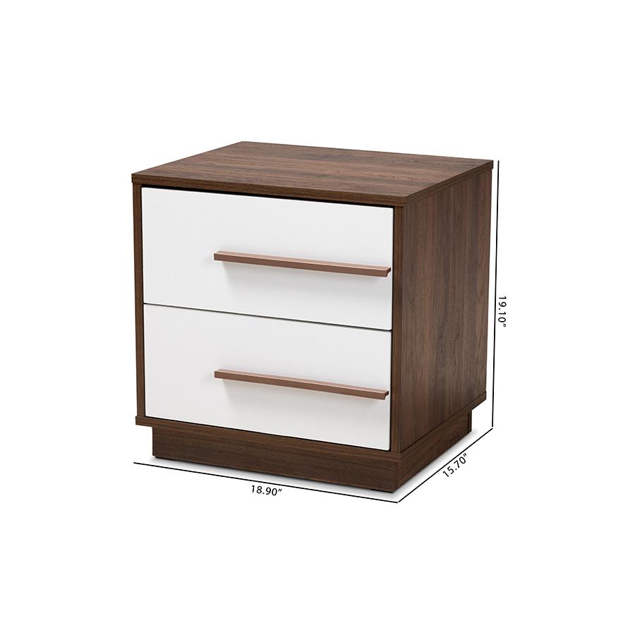 Baxton Studio Mette Mid-Century Modern Two-Tone White and Walnut Finished 2-Drawer Wood Nightstand. Picture 9