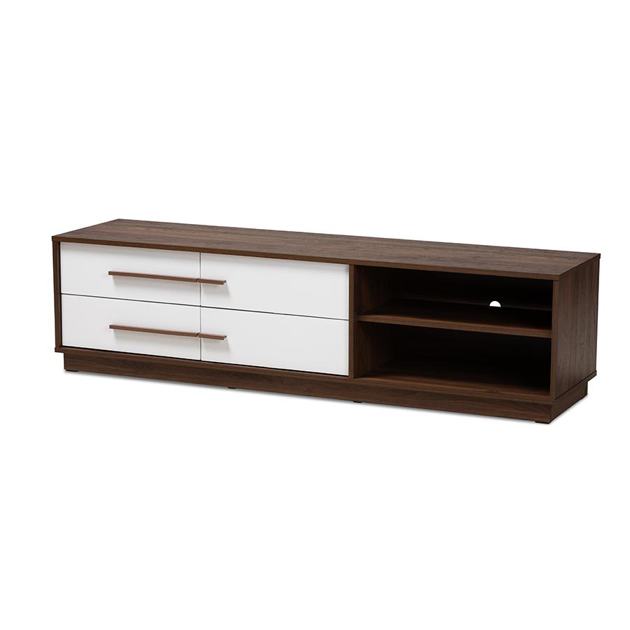 Baxton Studio Mette Mid-Century Modern Two-Tone White and Walnut Finished 4-Drawer Wood TV Stand. Picture 2