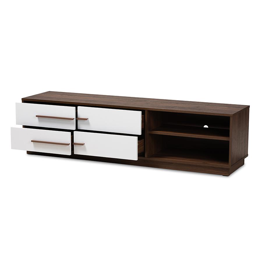 Baxton Studio Mette Mid-Century Modern Two-Tone White and Walnut Finished 4-Drawer Wood TV Stand. Picture 3