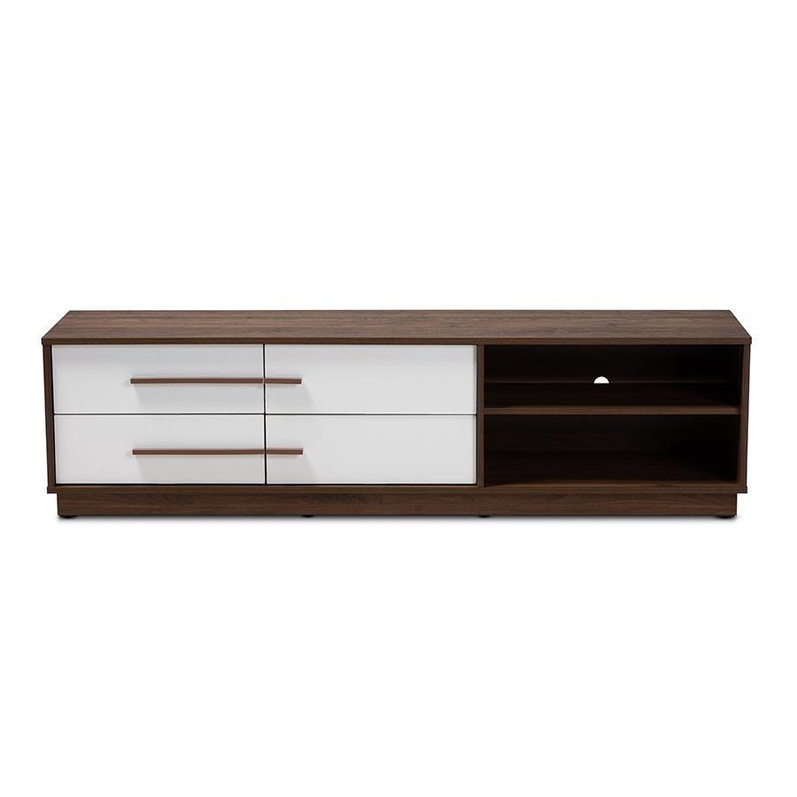 Baxton Studio Mette Mid-Century Modern Two-Tone White and Walnut Finished 4-Drawer Wood TV Stand. Picture 4