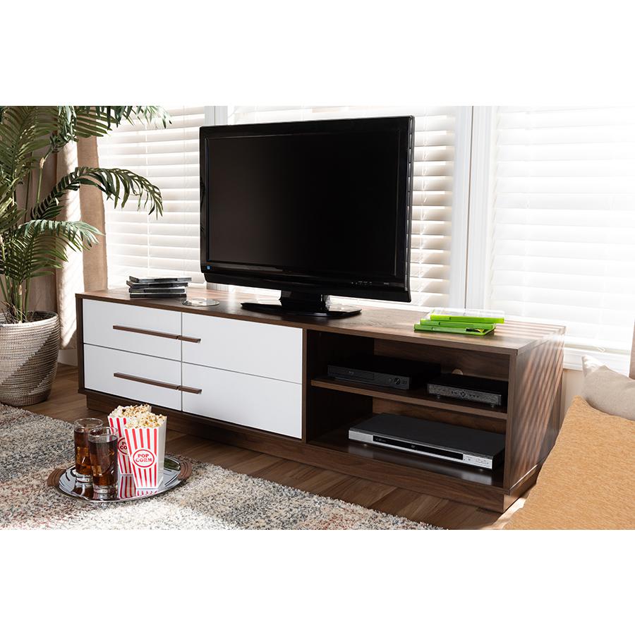 Baxton Studio Mette Mid-Century Modern Two-Tone White and Walnut Finished 4-Drawer Wood TV Stand. Picture 7