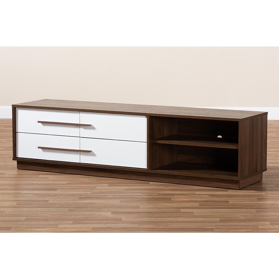 Baxton Studio Mette Mid-Century Modern Two-Tone White and Walnut Finished 4-Drawer Wood TV Stand. Picture 1