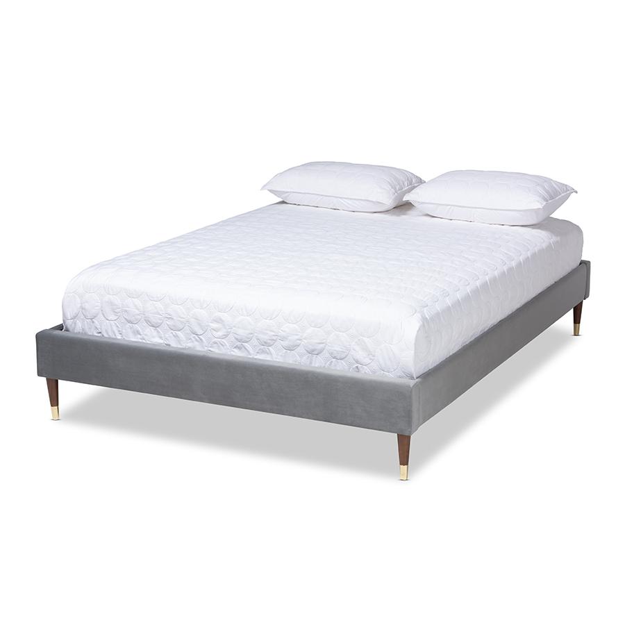 Full Size Wood Platform Bed Frame with Gold-Tone Leg Tips. Picture 1