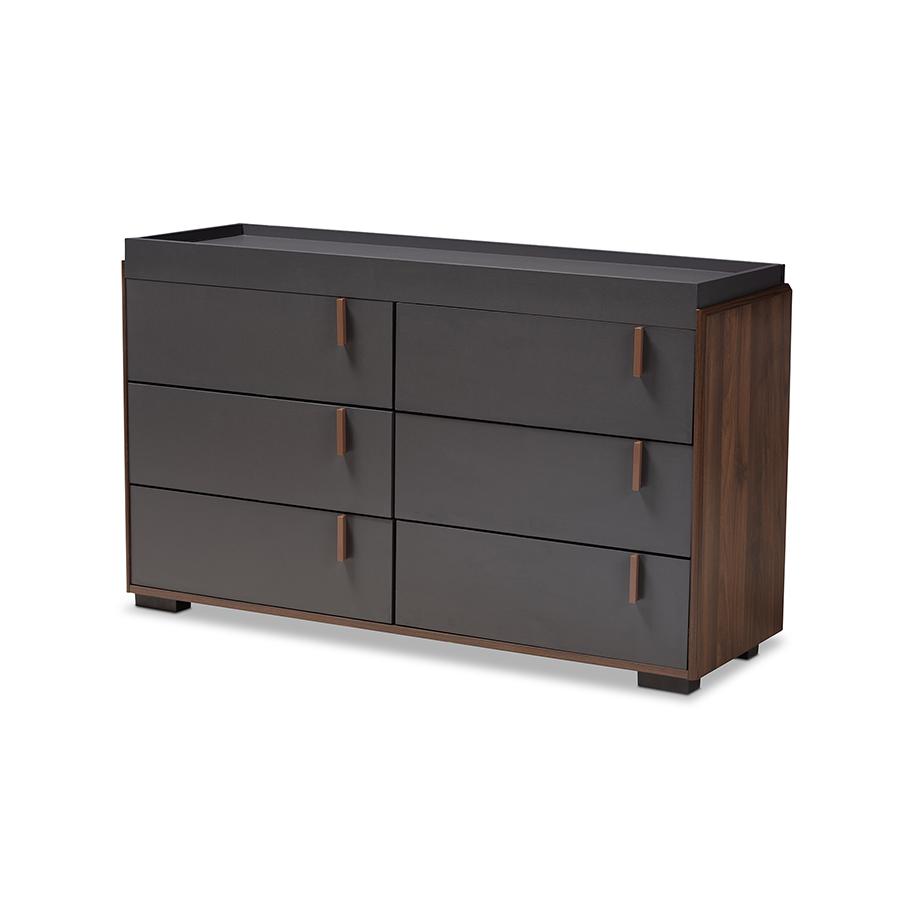 Two-Tone Gray and Walnut Finished Wood 6-Drawer Dresser. Picture 1