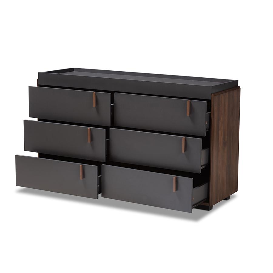 Baxton Studio Rikke Modern and Contemporary Two-Tone Gray and Walnut Finished Wood 6-Drawer Dresser. Picture 3