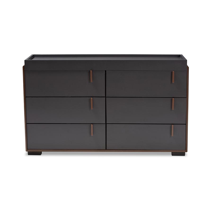 Baxton Studio Rikke Modern and Contemporary Two-Tone Gray and Walnut Finished Wood 6-Drawer Dresser. Picture 4