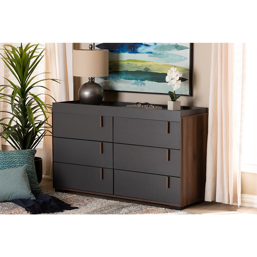 Baxton Studio Rikke Modern and Contemporary Two-Tone Gray and Walnut Finished Wood 6-Drawer Dresser. Picture 1
