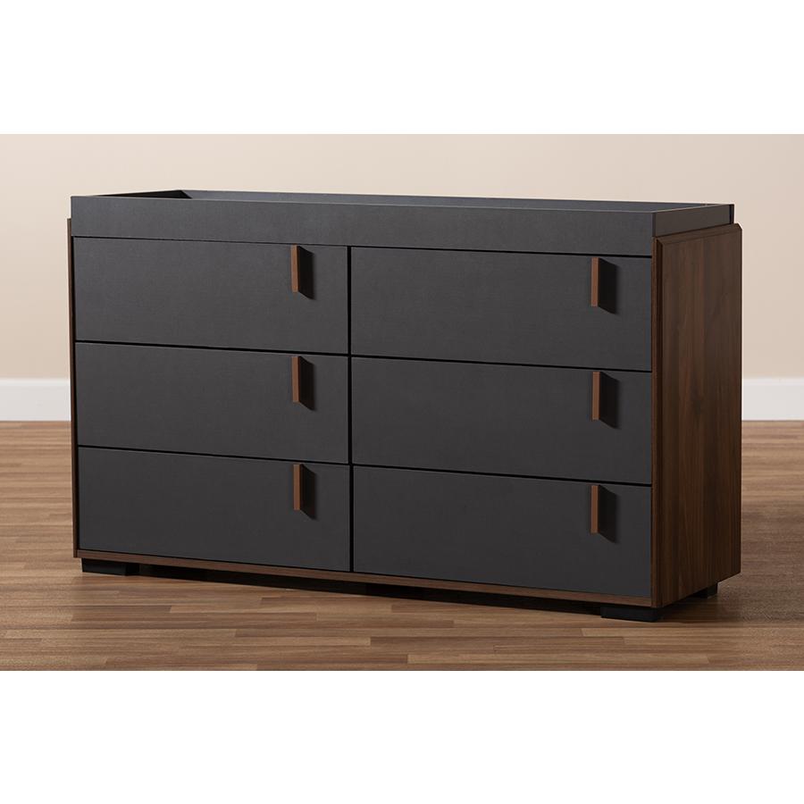 Baxton Studio Rikke Modern and Contemporary Two-Tone Gray and Walnut Finished Wood 6-Drawer Dresser. Picture 9