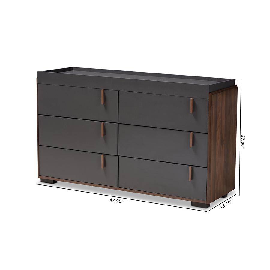 Baxton Studio Rikke Modern and Contemporary Two-Tone Gray and Walnut Finished Wood 6-Drawer Dresser. Picture 10