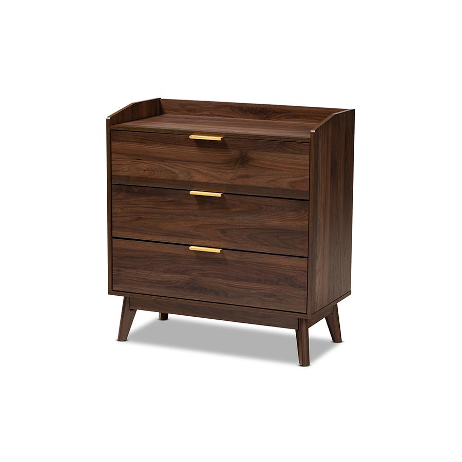 Baxton Studio Lena Mid-Century Modern Walnut Brown Finished 3-Drawer Wood Chest. Picture 1