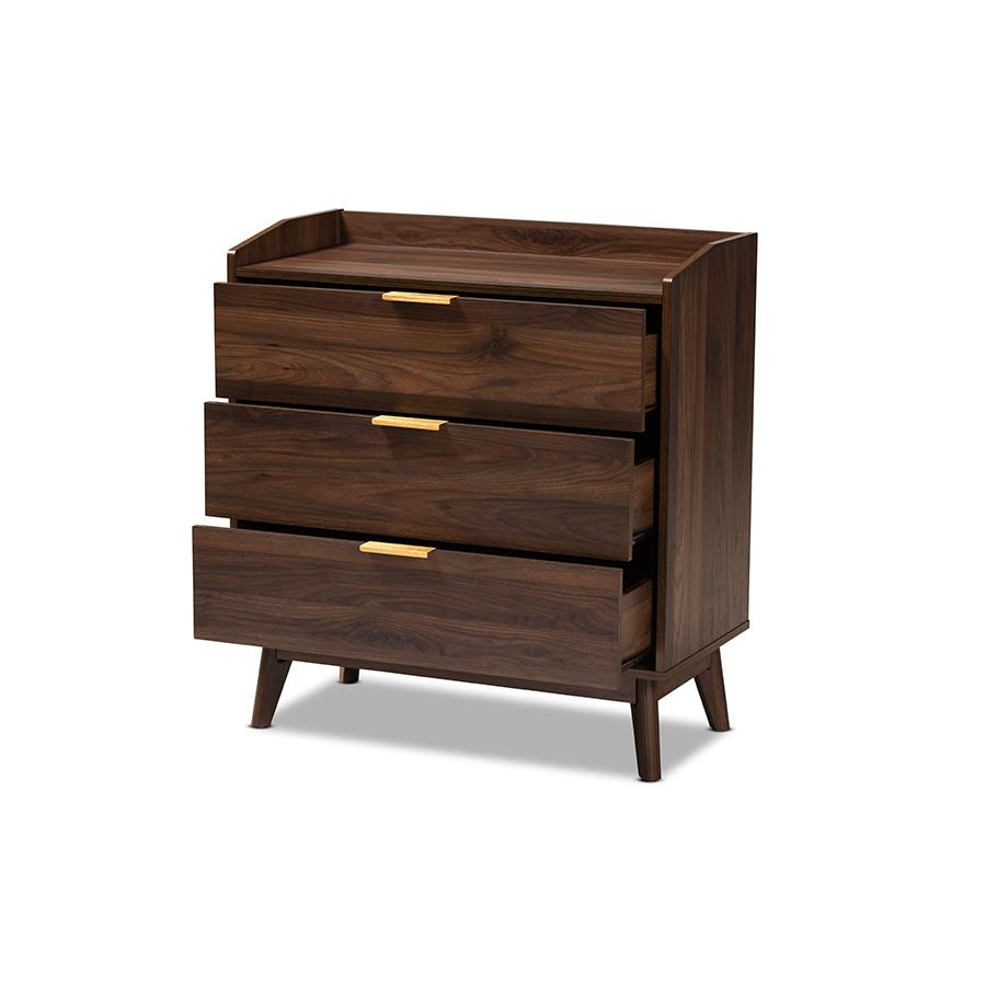 Baxton Studio Lena Mid-Century Modern Walnut Brown Finished 3-Drawer Wood Chest. Picture 3