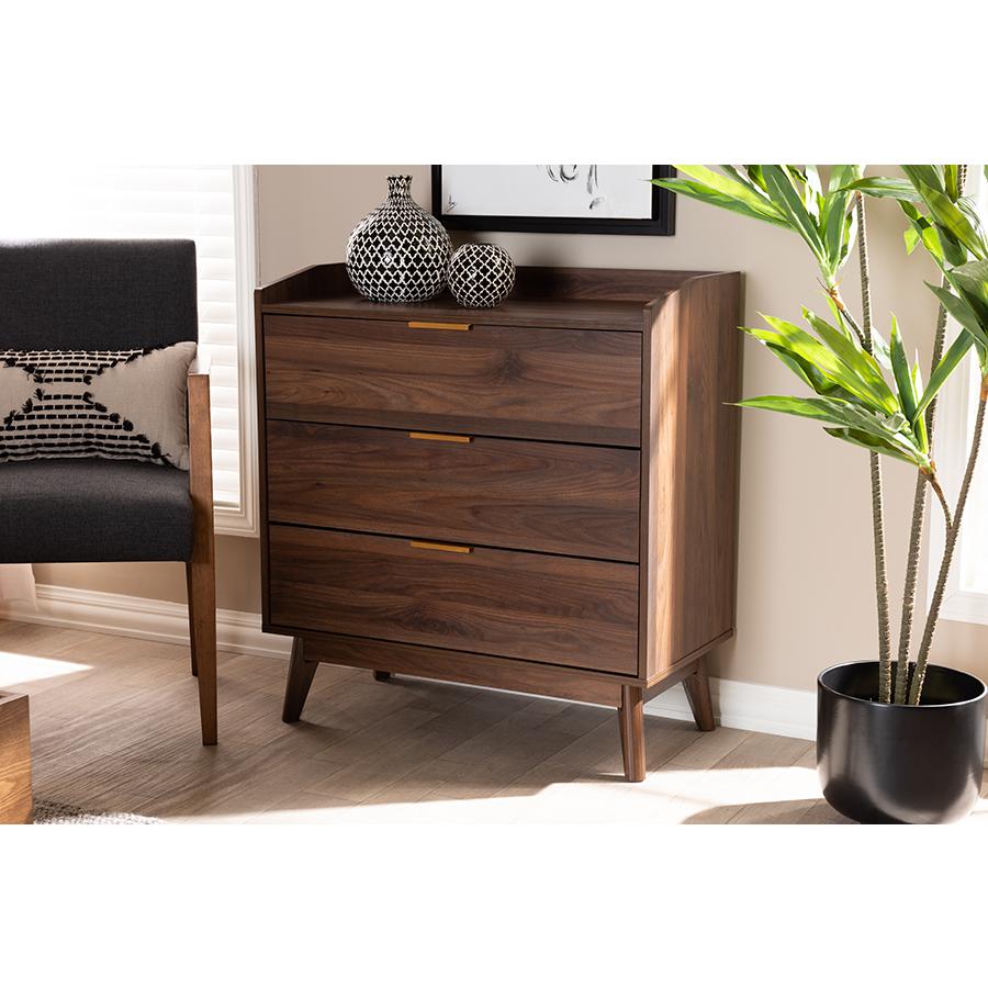 Baxton Studio Lena Mid-Century Modern Walnut Brown Finished 3-Drawer Wood Chest. Picture 7