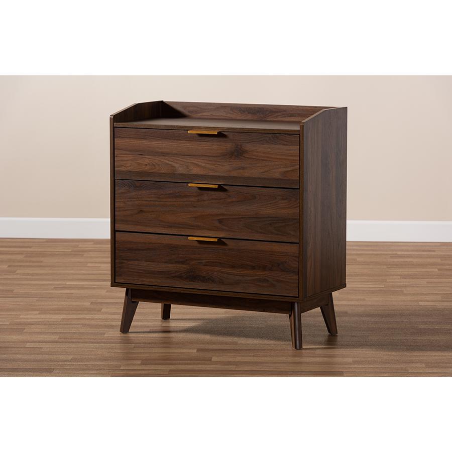 Baxton Studio Lena Mid-Century Modern Walnut Brown Finished 3-Drawer Wood Chest. Picture 1