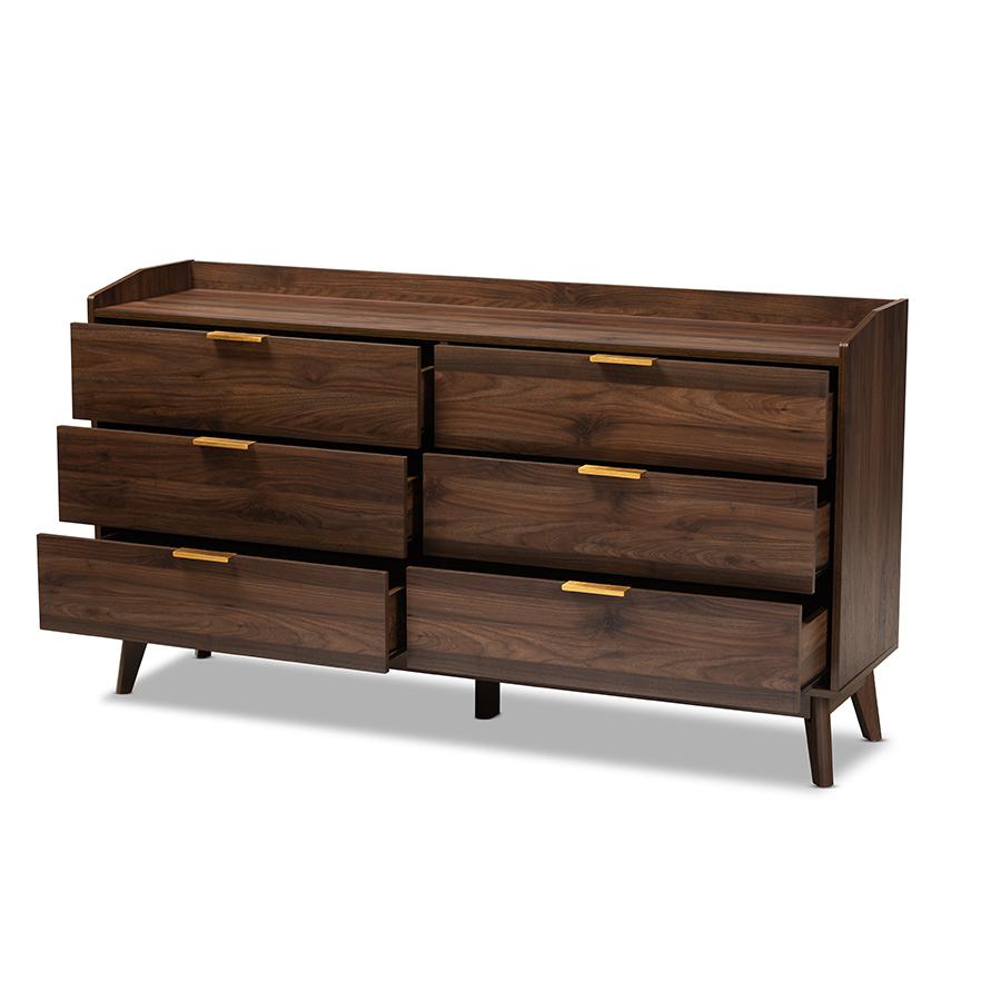 Lena Mid-Century Modern Walnut Brown Finished 6-Drawer Wood Dresser. Picture 2