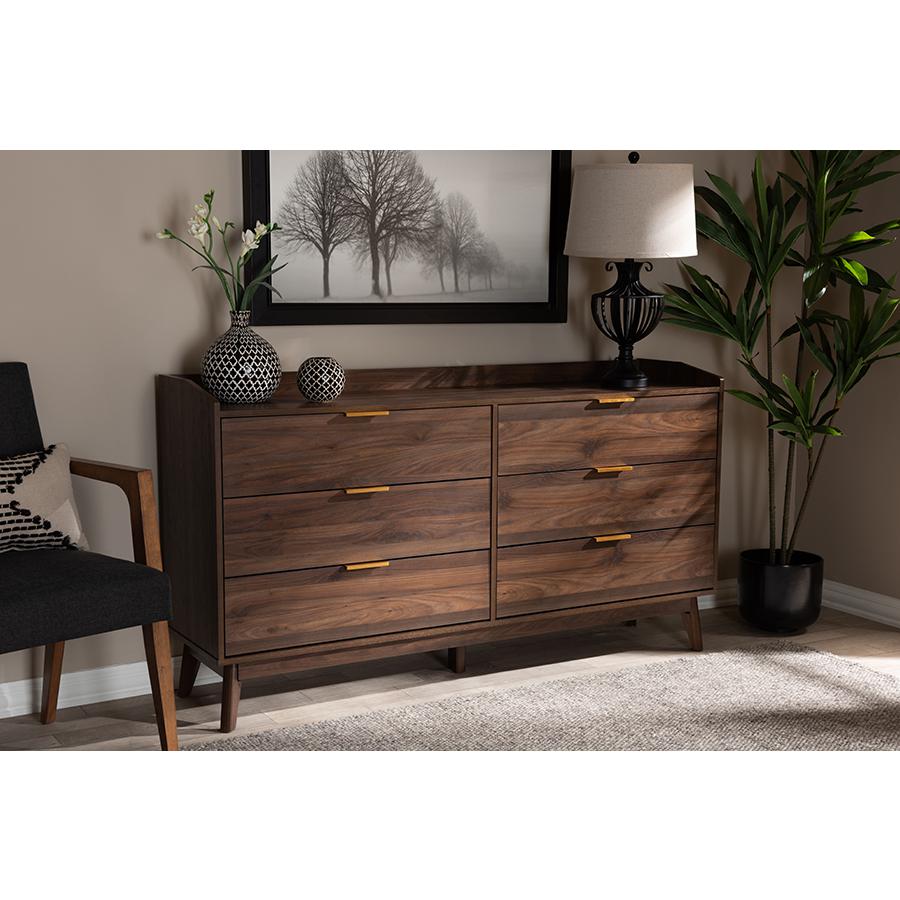 Lena Mid-Century Modern Walnut Brown Finished 6-Drawer Wood Dresser. Picture 7