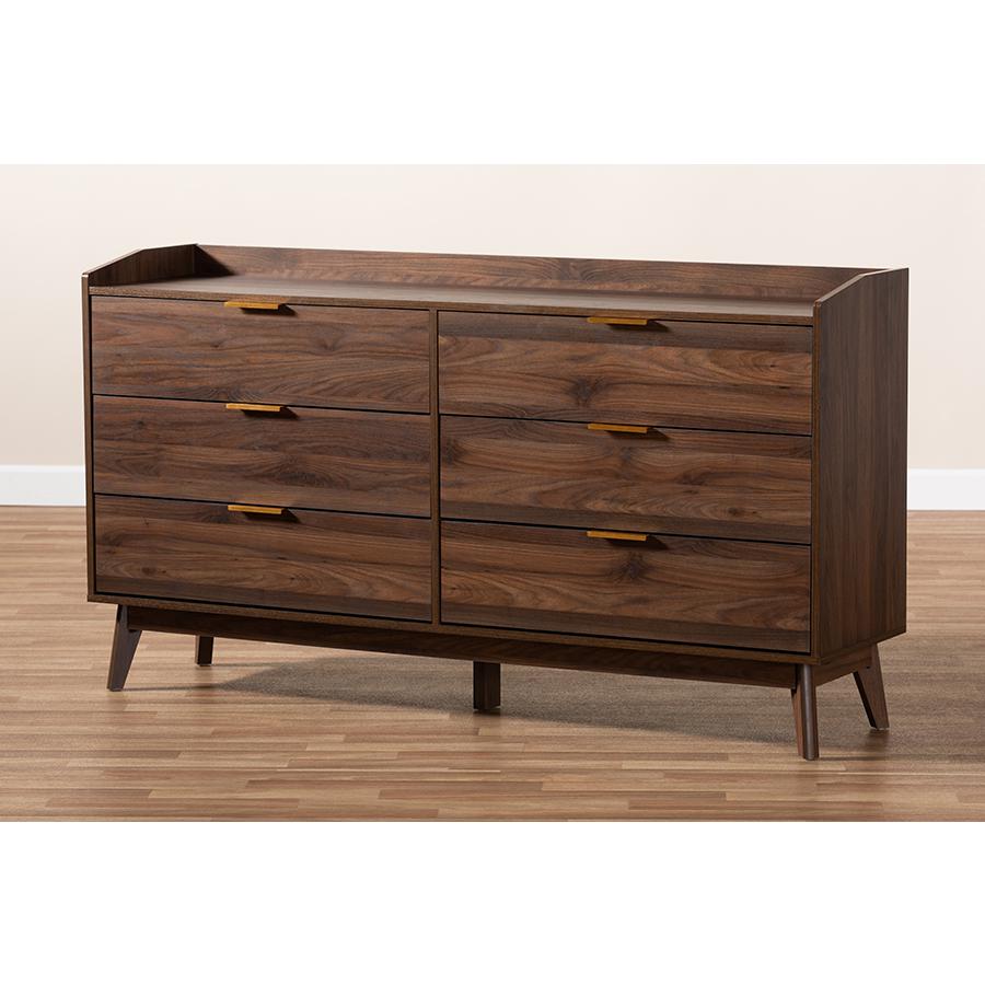 Baxton Studio Lena Mid-Century Modern Walnut Brown Finished 6-Drawer Wood Dresser. Picture 1