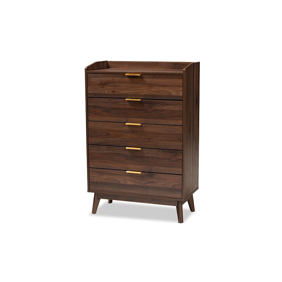 Baxton Studio Lena Mid-Century Modern Walnut Brown Finished 5-Drawer Wood Chest. Picture 2