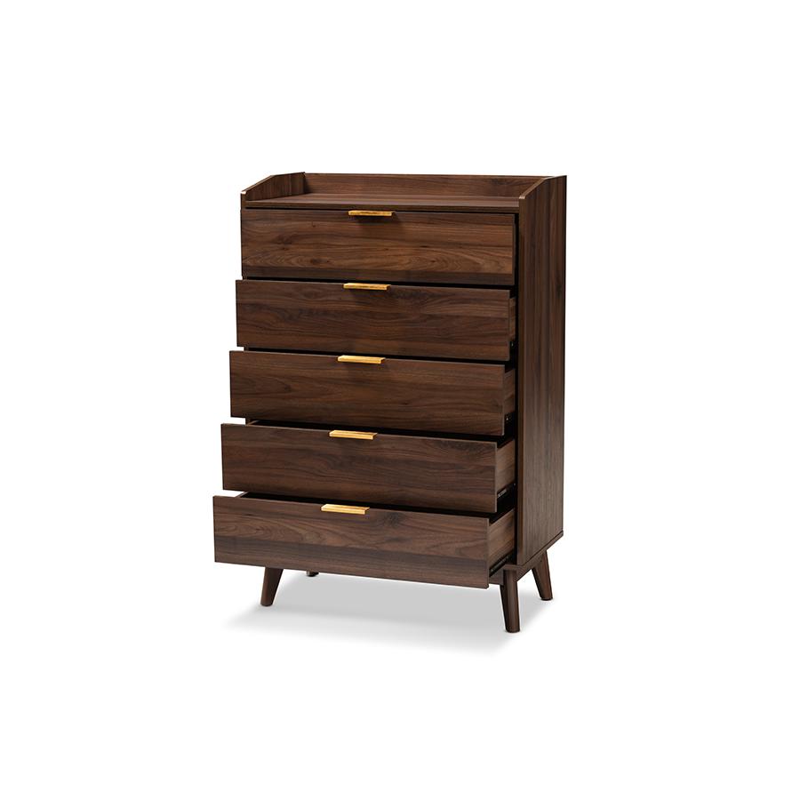 Baxton Studio Lena Mid-Century Modern Walnut Brown Finished 5-Drawer Wood Chest. Picture 3
