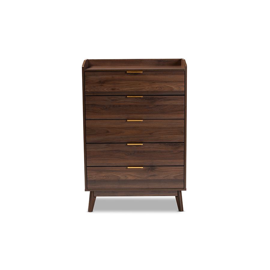 Baxton Studio Lena Mid-Century Modern Walnut Brown Finished 5-Drawer Wood Chest. Picture 4