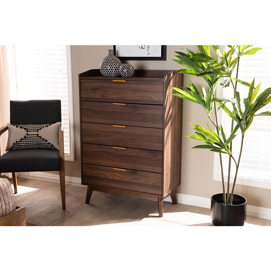 Baxton Studio Lena Mid-Century Modern Walnut Brown Finished 5-Drawer Wood Chest. Picture 8