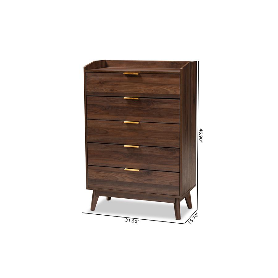 Lena Mid-Century Modern Walnut Brown Finished 5-Drawer Wood Chest. Picture 9