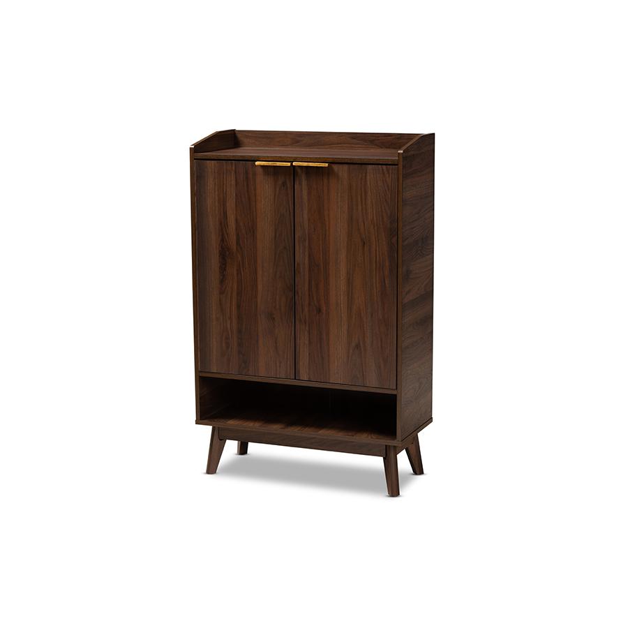 Lena Mid-Century Modern Walnut Brown Finished 5-Shelf Wood Entryway Shoe Cabinet. Picture 1
