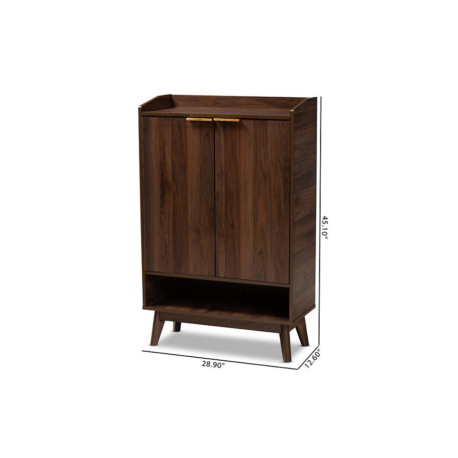 Lena Mid-Century Modern Walnut Brown Finished 5-Shelf Wood Entryway Shoe Cabinet. Picture 10
