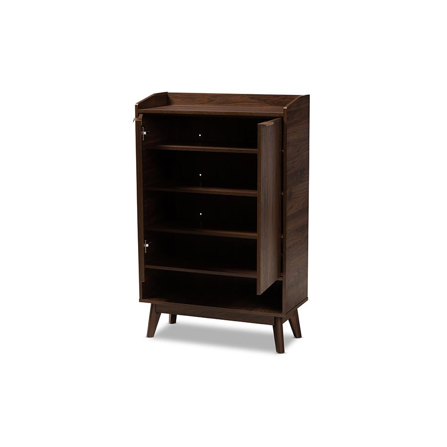 Lena Mid-Century Modern Walnut Brown Finished 5-Shelf Wood Entryway Shoe Cabinet. Picture 2