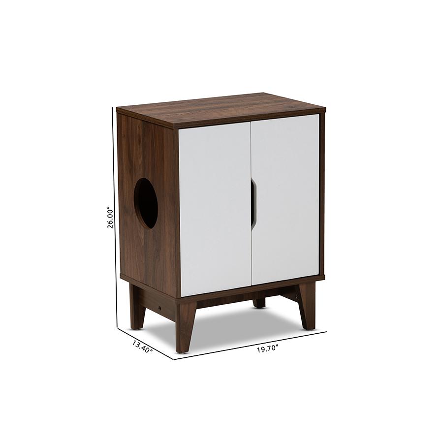 Two-Tone Walnut Brown and White Finished 2-Door Wood Cat Litter Box Cover House. Picture 10