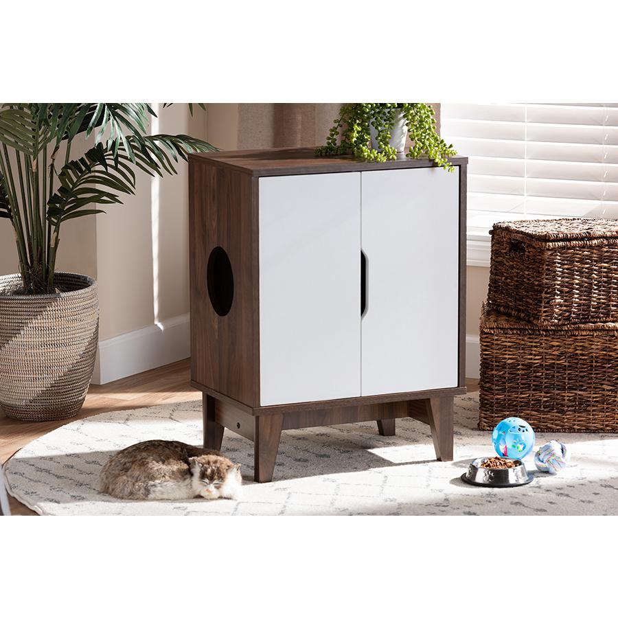 Two-Tone Walnut Brown and White Finished 2-Door Wood Cat Litter Box Cover House. Picture 7