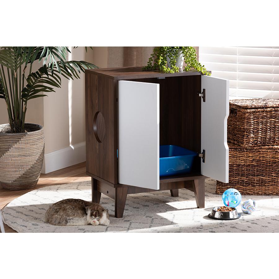 Two-Tone Walnut Brown and White Finished 2-Door Wood Cat Litter Box Cover House. Picture 8