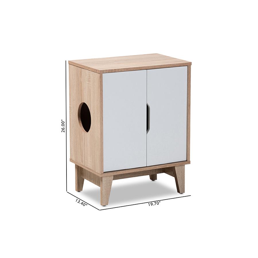 Two-Tone Oak and White Finished 2-Door Wood Cat Litter Box Cover House. Picture 10