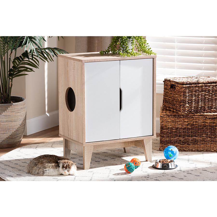 Two-Tone Oak and White Finished 2-Door Wood Cat Litter Box Cover House. Picture 7