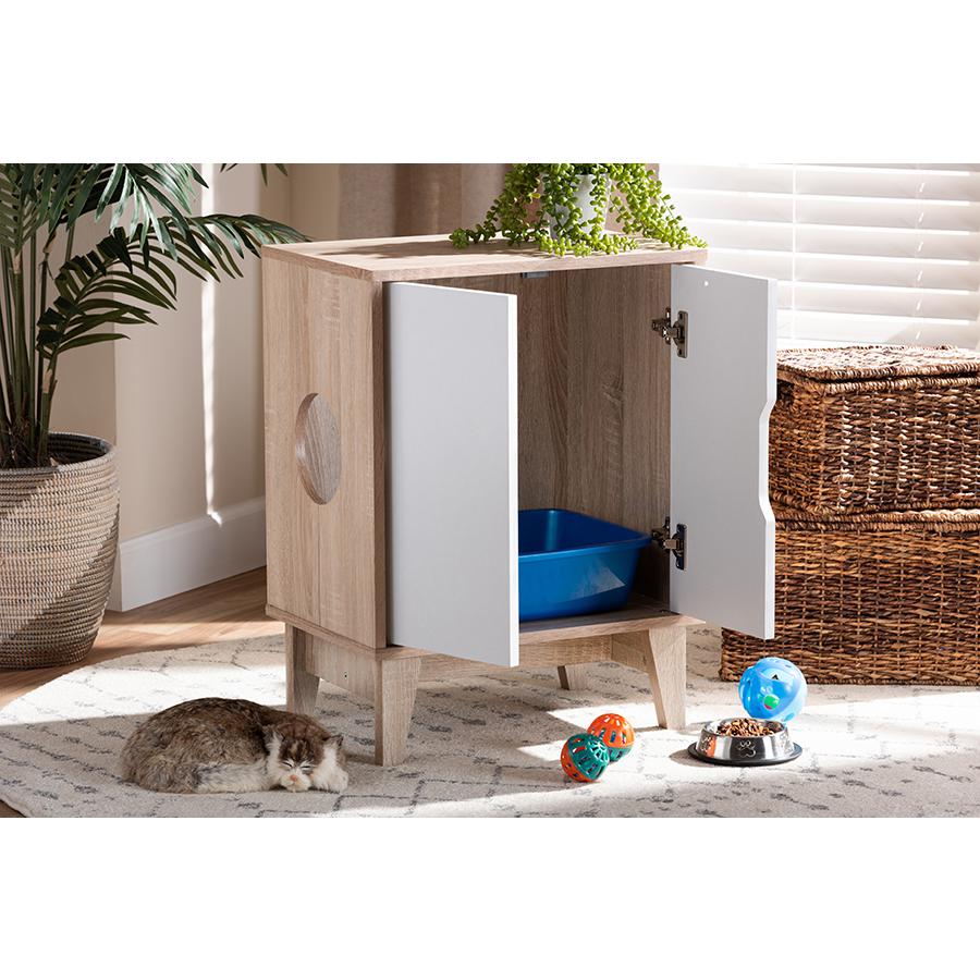 Two-Tone Oak and White Finished 2-Door Wood Cat Litter Box Cover House. Picture 8