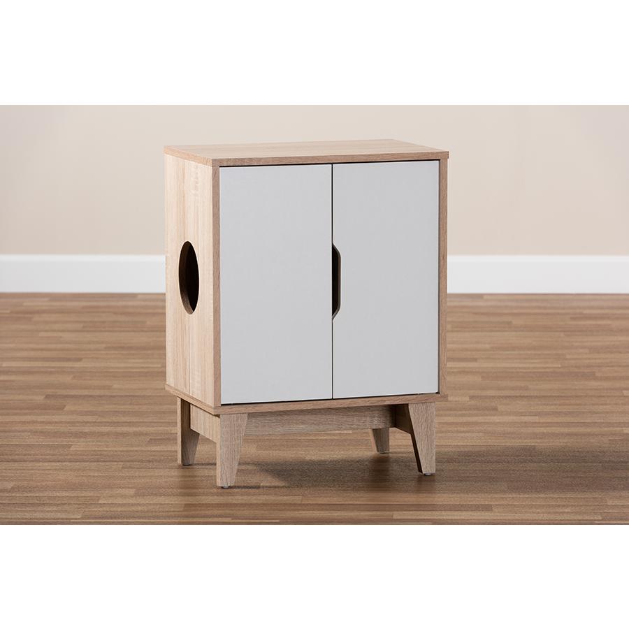 Baxton Studio Romy Mid-Century Modern Two-Tone Oak and White Finished 2-Door Wood Cat Litter Box Cover House. Picture 1