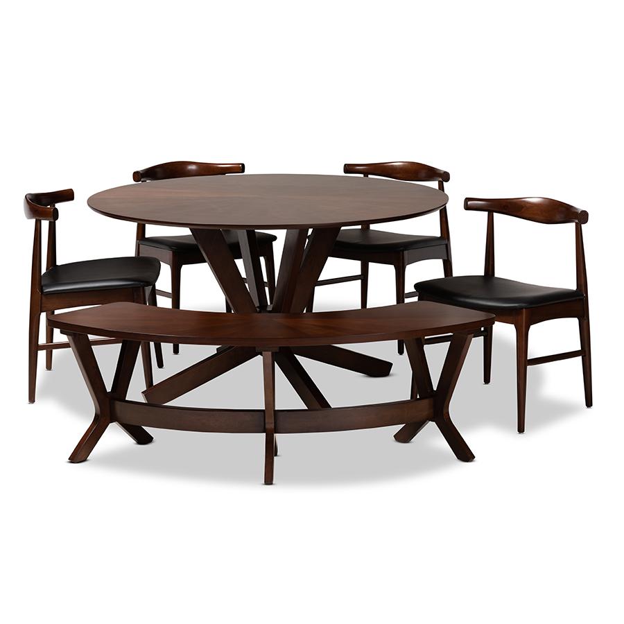 Baxton Studio Berlin Mid-Century Modern Black Faux Leather Upholstered Walnut Finished 6-Piece Wood Dining Set. Picture 1