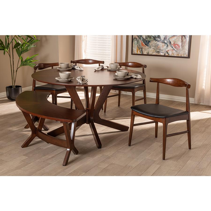 Baxton Studio Berlin Mid-Century Modern Black Faux Leather Upholstered Walnut Finished 6-Piece Wood Dining Set. Picture 7