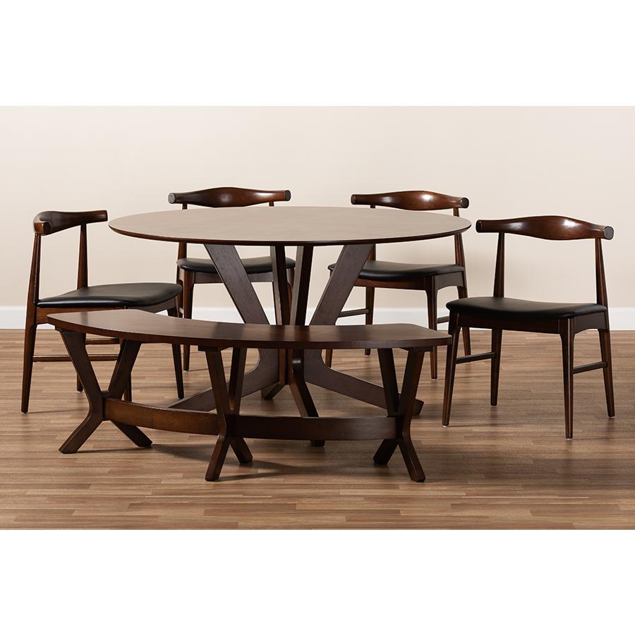 Baxton Studio Berlin Mid-Century Modern Black Faux Leather Upholstered Walnut Finished 6-Piece Wood Dining Set. Picture 8
