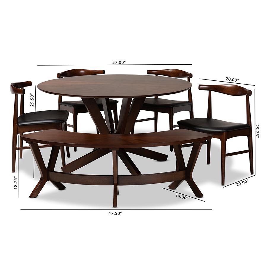 Baxton Studio Berlin Mid-Century Modern Black Faux Leather Upholstered Walnut Finished 6-Piece Wood Dining Set. Picture 9