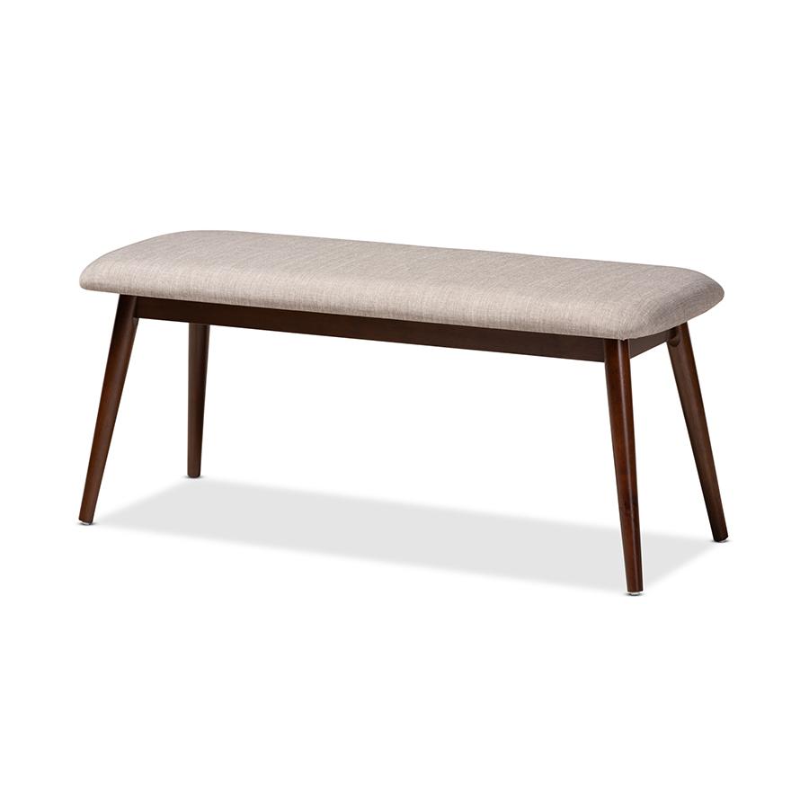 Baxton Studio Flora Mid-Century Modern Light Grey Fabric Upholstered Walnut Finished Wood Dining Bench. Picture 2